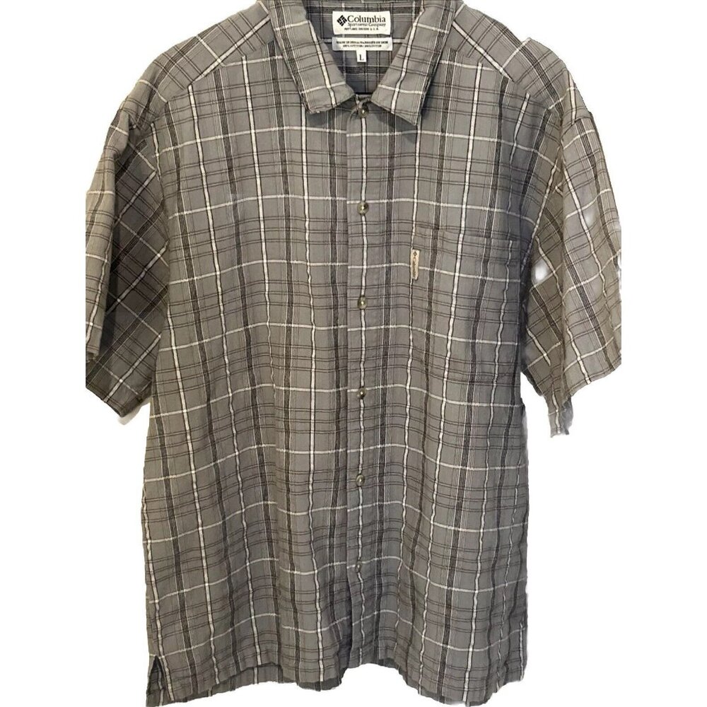 Columbia Shirt Men’s Large Gray Plaid Button Front Short Sleeve Pocket Outdoors